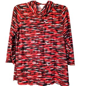Kim Rogers Red Black White Abstract Print 3/4 Tab Sleeve Cowl Neck Top XL EUC